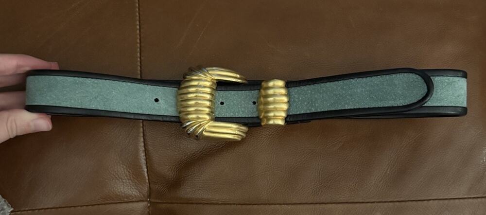 VTG Carlisle Teal Good Brass Buckle Art Deco Leather Belt S